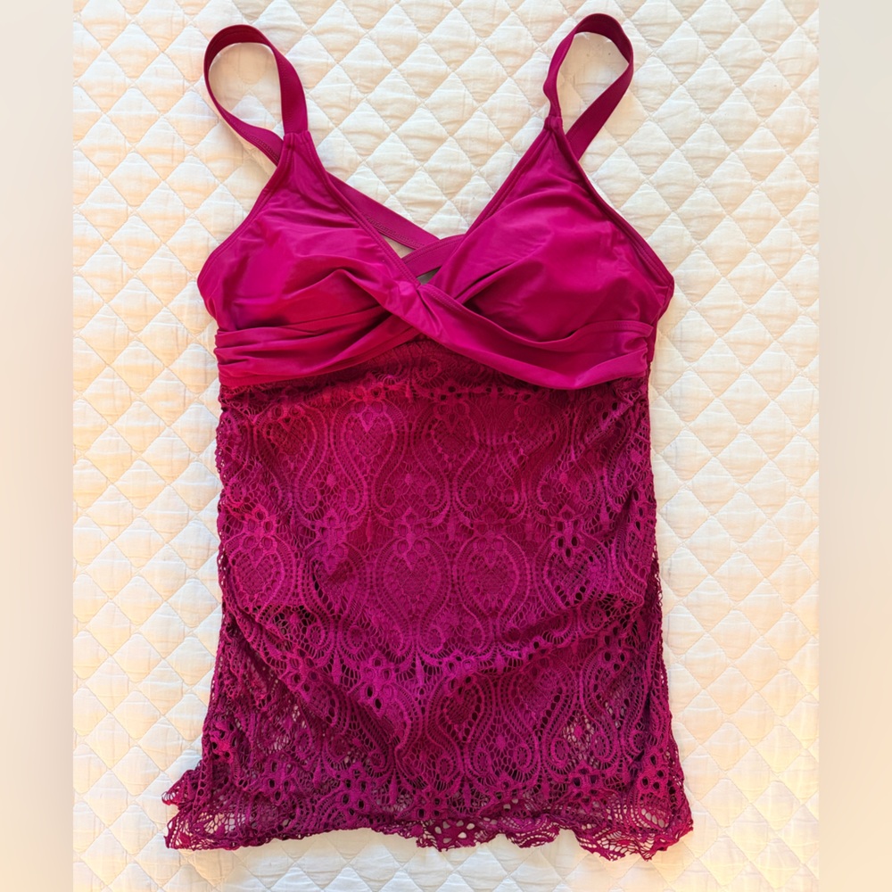 Red Lace Overlay Swim Suit - Picture 1 of 6